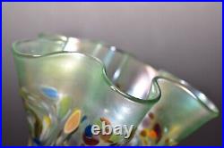 Signed Art Glass Ruffled Iridescent Handkerchief Vase 6 Dichroic Confetti