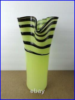 Signed B. Katz Studio Art Glass Vase Yellow Green Black Stripes (c! @b8)