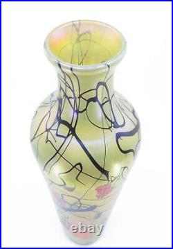 Signed Carl Radke Blown Glass Vase Orange Flowers 14.5 Tall x 4.5 Diameter