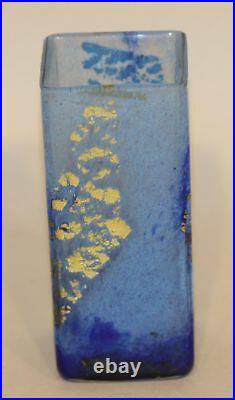 Signed Daum Nancy France 4-3/4 Inch Blue Glass with Gold Flake Square Bud Vase