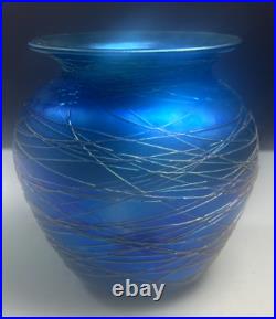 Signed Durand Blue Favrille 1710-4 Cabinet Vase With Glass Threading 41/4