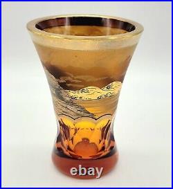 Signed Egermann Amber Faceted Pen Sketch Handpaint Bohemian Czech Art Glass Vase