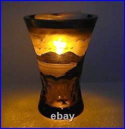Signed Egermann Amber Faceted Pen Sketch Handpaint Bohemian Czech Art Glass Vase