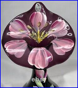 Signed Fenton Jack in the Pulpit Amethyst Art Glass Vase Hand Painted Orchid