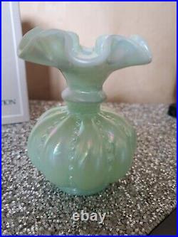 Signed Fenton Sea Green Opalescent Vase Beaded Melon Pattern 5 Ruffle Rim
