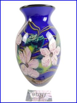 Signed Fields And Fields Blown Glass Vase 11.5 Cobalt Blue Pink White Flowers
