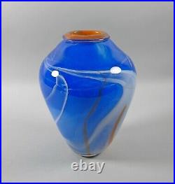 Signed John Lewis Cased Art Glass Vase #6152 2007 8 Tall Orange & Royal Blue