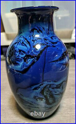 Signed Josh Simpson Hand Blown Blue/Black Art Glass 7 Vase, Dated 6/28/2000