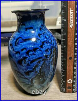 Signed Josh Simpson Hand Blown Blue/Black Art Glass 7 Vase, Dated 6/28/2000