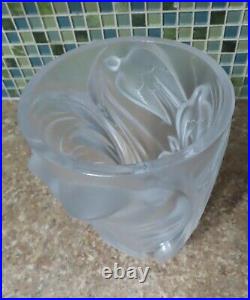Signed Lalique Martinets Art Glass Frosted Crystal Vase Raised Birds 9.5 with Box