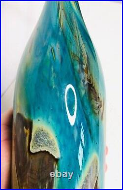 Signed Mdina Hand Blown Art Glass Vase Bottle Turquoise Brown Amber Malta Tall