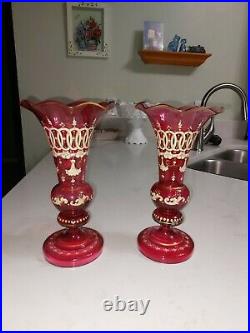 Signed Moser Cranberry Glass Wedding Ring Vases