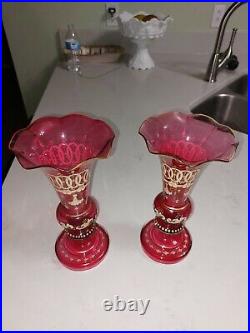 Signed Moser Cranberry Glass Wedding Ring Vases