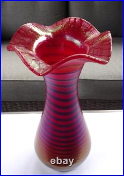 Signed Poschinger Kralik Bohemian Stretch Art Glass Ruby Red Spiral Vase