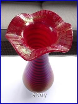 Signed Poschinger Kralik Bohemian Stretch Art Glass Ruby Red Spiral Vase