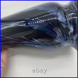 Signed Rick Strini Studio Art Glass Blue Purple & Metallic Feather Vase