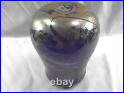 Signed Robert Eickholt Large Oily Iridescent Cobalt Glass Vase 1982 Excellent