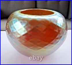 Signed S. Lundberg Art Glass Gold Diamond Optic Indian Basket Vase Apr 2000