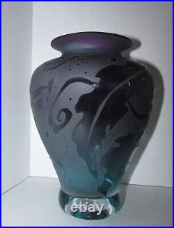 Signed Thorn Glass Studio Carved Art Glass Vase #1203