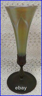 Signed Tiffany Pulled Feather Trumpet Vase Bronze Gold Dore Base Circa 1905