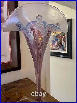Signed Vandermark Art Glass Fan Form Pulled Feather Vase Purple & Blue