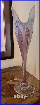 Signed Vandermark Art Glass Fan Form Pulled Feather Vase Purple & Blue