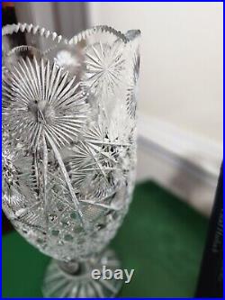 Signed Yasemin Cut Glass Crystal Large Pedestal Vase Turkish 14.25