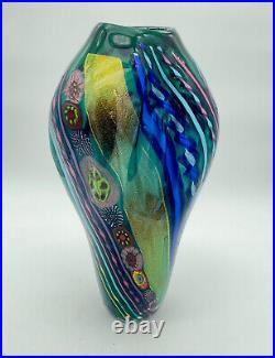 Signed blown Art glass blown vessels studio Art glass vase rare millefiori gold