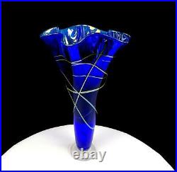 Spencer Signed Art Glass Iridescent Webbed Cobalt 9 7/8 Ruffled Vase 1997