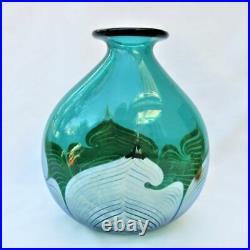 Steven Correia Green Art Glass Iridescent Pulled Feather Flask Shaped Vase 1988