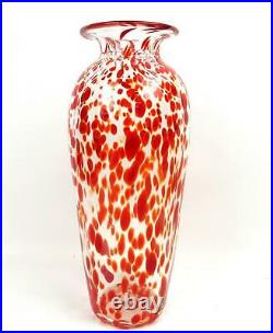 Studio Art Glass Artist Signed Red And Orange Spotted Clear 12 1/8 Vase 1993