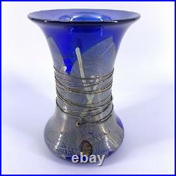 Studio Art Glass Cobalt Blue Swirled Silver Threaded Vase Signed BT 7