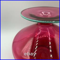Studio Art Glass Cranberry Red Teal Crest Footed Vase Artist Signed