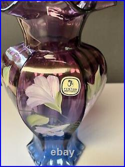 Stunning Fenton Glass MULBERRY FLORAL HEXGONAL RUFFLED VASE, 9 1/4, Signed