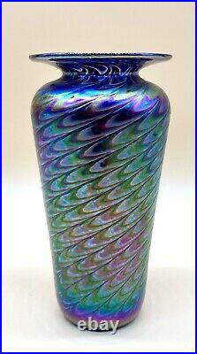 Stunning Glass Eye Studio Iridescent Pulled Feather Art Glass Vase Mt. St. Helens