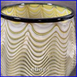 Stunning Vtg. Hand Blown Murano Glass Vase YellowithClear Waves Ribbed 5 Signed