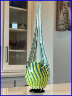 Tall Seguso Viro Murano Art Glass Vase in Modern Blue & Yellow Signed