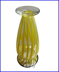 The Glass Forge Hand Blown Art Glass Vase Yellow Swirl Striped Black Rim Signed