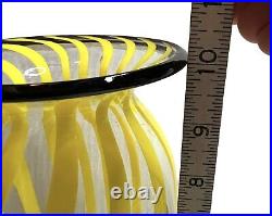 The Glass Forge Hand Blown Art Glass Vase Yellow Swirl Striped Black Rim Signed