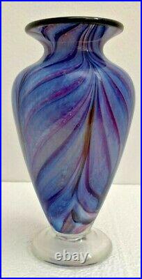The Glass Forge Hand Blown Glass Signed Topaz, Purple, Blue Feathered Vase 7 in