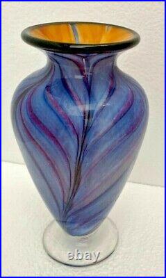 The Glass Forge Hand Blown Glass Signed Topaz, Purple, Blue Feathered Vase 7 in