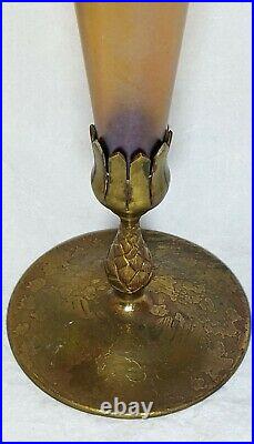 Tiffany Favrile / Studios Art Glass Vase In Bronze Base 17.5 Nouveau No Reserve