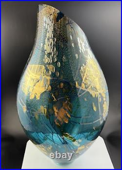 Tim Lazer Art Glass Aqua Blue Gold Leaf Dichroic Slash Cut 19 Vase -Signed 1996