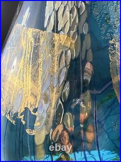Tim Lazer Art Glass Aqua Blue Gold Leaf Dichroic Slash Cut 19 Vase -Signed 1996