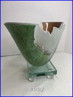 Unique GUENTHER LUNA Studio Art Glass Vase with Frosted Etched Leaf Accents SIGNED