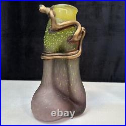 Unique Vintage FILIP RAVERT Romanian Art Glass Vase Metal Overlay Signed 9
