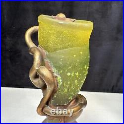 Unique Vintage FILIP RAVERT Romanian Art Glass Vase Metal Overlay Signed 9