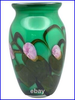 VINTAGE JOHN FIELDS Green Leaf & Floral ART GLASS VASE SIGNED 1997