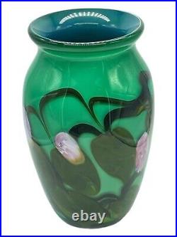VINTAGE JOHN FIELDS Green Leaf & Floral ART GLASS VASE SIGNED 1997