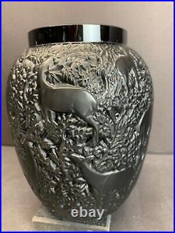 VTG LALIQUE France Art Heavy Glass Biches Deer Vase Black Mint Condition 2 lbs